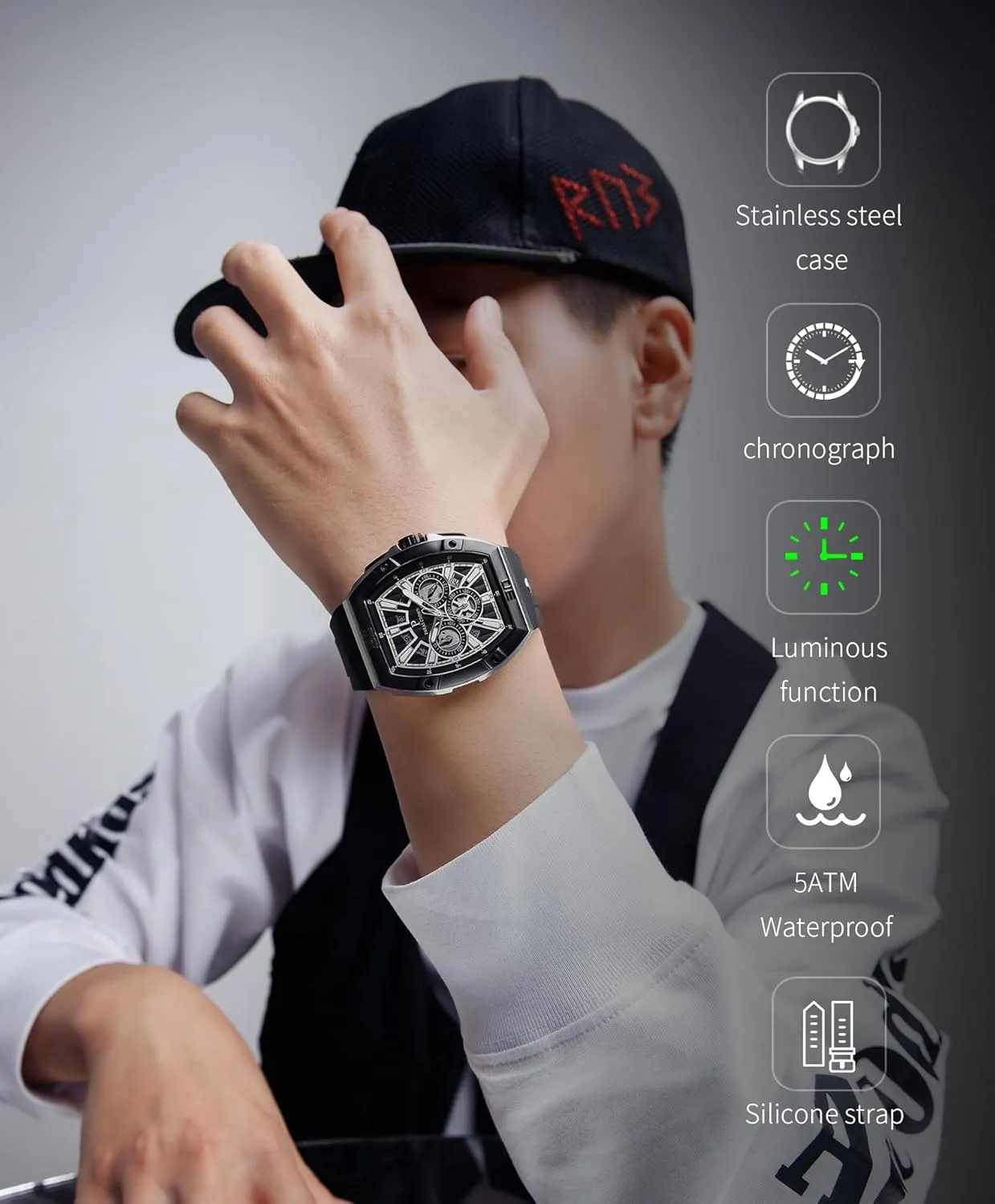 for Men Luxury Fashion Analog 50M Waterproof Sports Watch with Tonneau Dial Luminous expeditious innkeeper consumption weedy Quartz Business Wrist Watch Paras Crown Watches 