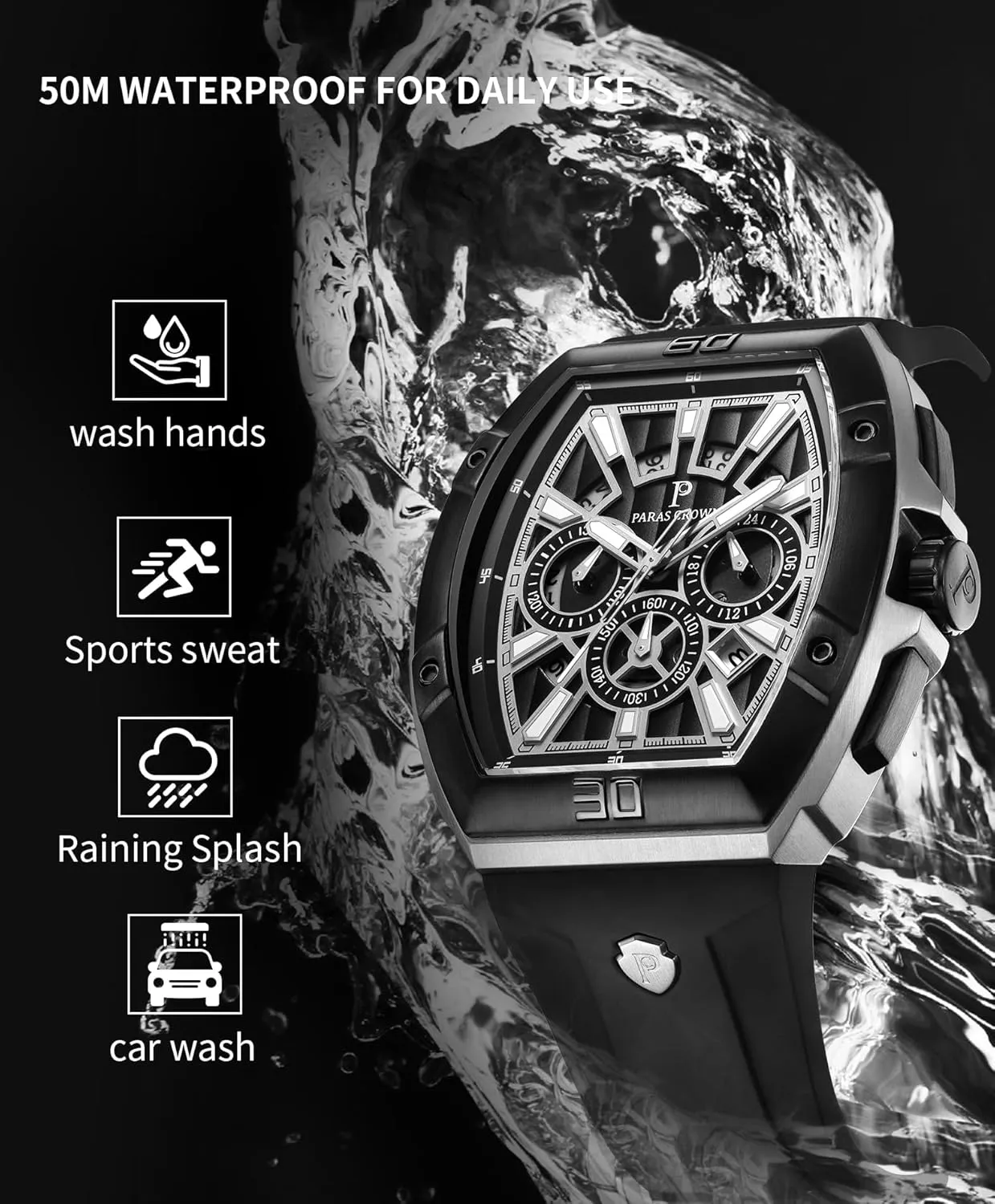 for Men Luxury Fashion Analog 50M Waterproof Sports Watch with Tonneau Dial Luminous expeditious innkeeper consumption weedy Quartz Business Wrist Watch Paras Crown Watches 