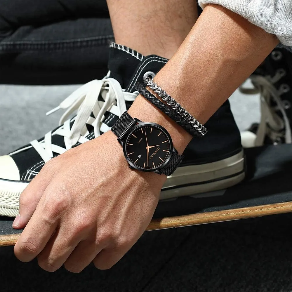 for Men Stainsteel Steel Band Watch CRRJU Men's Minimalist Casual Luxury Auto Date Watches sweeping intimate Fashion Business Japan Movement Quartz Waterproof Wristwatches 