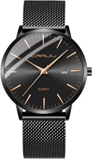 for Men Stainsteel Steel Band Watch CRRJU Men's Minimalist Casual Luxury Auto Date Watches sweeping intimate Fashion Business Japan Movement Quartz Waterproof Wristwatches 