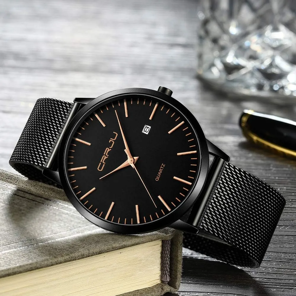 for Men Stainsteel Steel Band Watch CRRJU Men's Minimalist Casual Luxury Auto Date Watches sweeping intimate Fashion Business Japan Movement Quartz Waterproof Wristwatches 