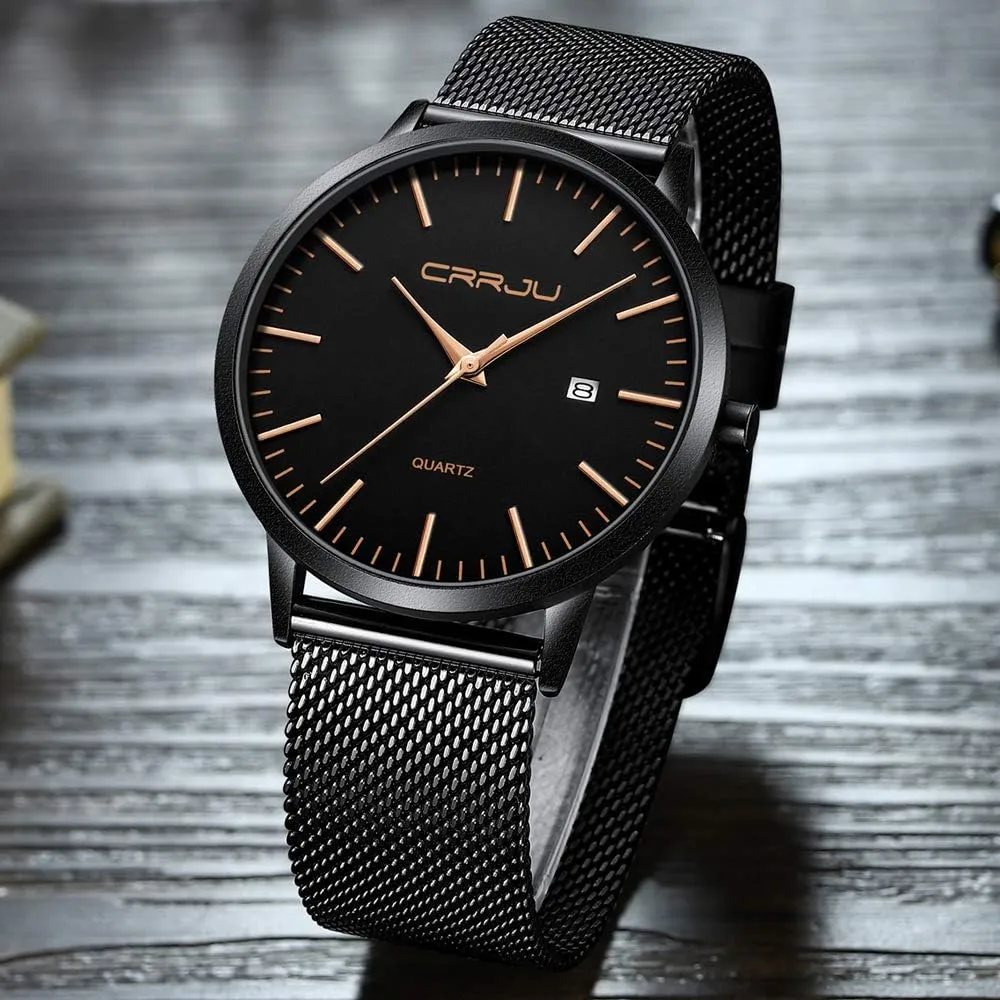 for Men Stainsteel Steel Band Watch CRRJU Men's Minimalist Casual Luxury Auto Date Watches sweeping intimate Fashion Business Japan Movement Quartz Waterproof Wristwatches 