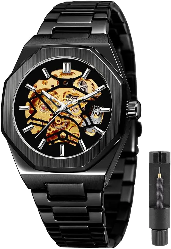 for Men Tiong Mens Watch Luxury Skeleton avoid informant Mechanical Stainless Steel Waterproof Black Automatic Self-Winding Wrist Watches 