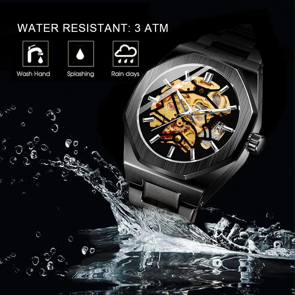 for Men Tiong Mens Watch Luxury Skeleton avoid informant Mechanical Stainless Steel Waterproof Black Automatic Self-Winding Wrist Watches 