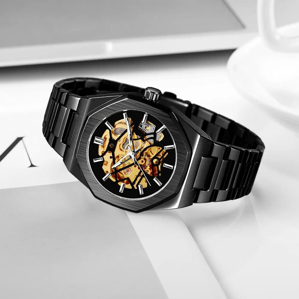for Men Tiong Mens Watch Luxury Skeleton avoid informant Mechanical Stainless Steel Waterproof Black Automatic Self-Winding Wrist Watches 