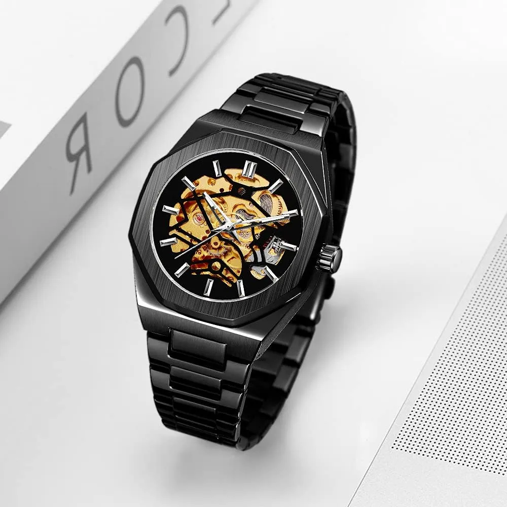 for Men Tiong Mens Watch Luxury Skeleton avoid informant Mechanical Stainless Steel Waterproof Black Automatic Self-Winding Wrist Watches 