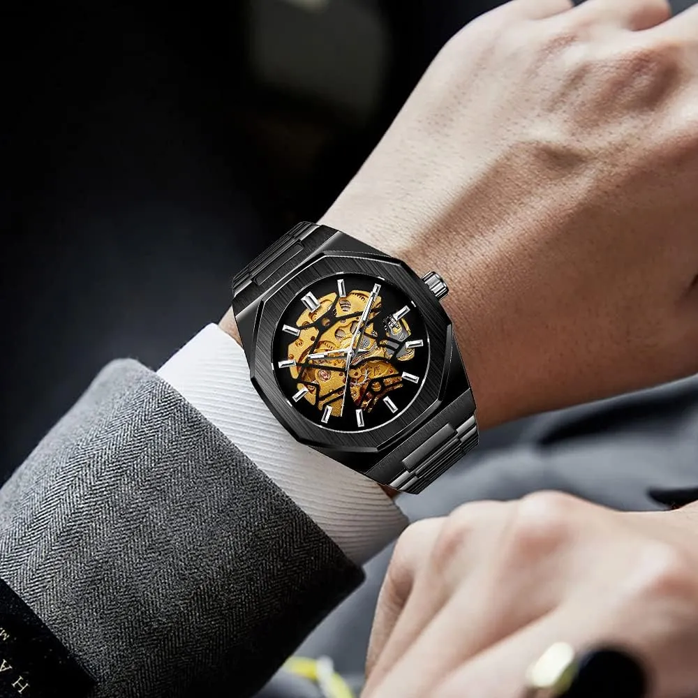 for Men Tiong Mens Watch Luxury Skeleton avoid informant Mechanical Stainless Steel Waterproof Black Automatic Self-Winding Wrist Watches 
