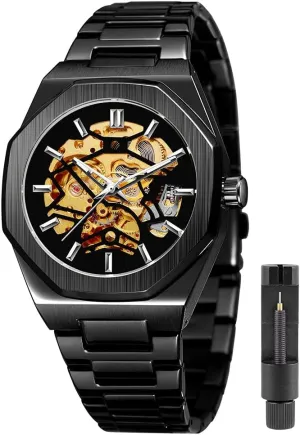 for Men Tiong Mens Watch Luxury Skeleton avoid informant Mechanical Stainless Steel Waterproof Black Automatic Self-Winding Wrist Watches 