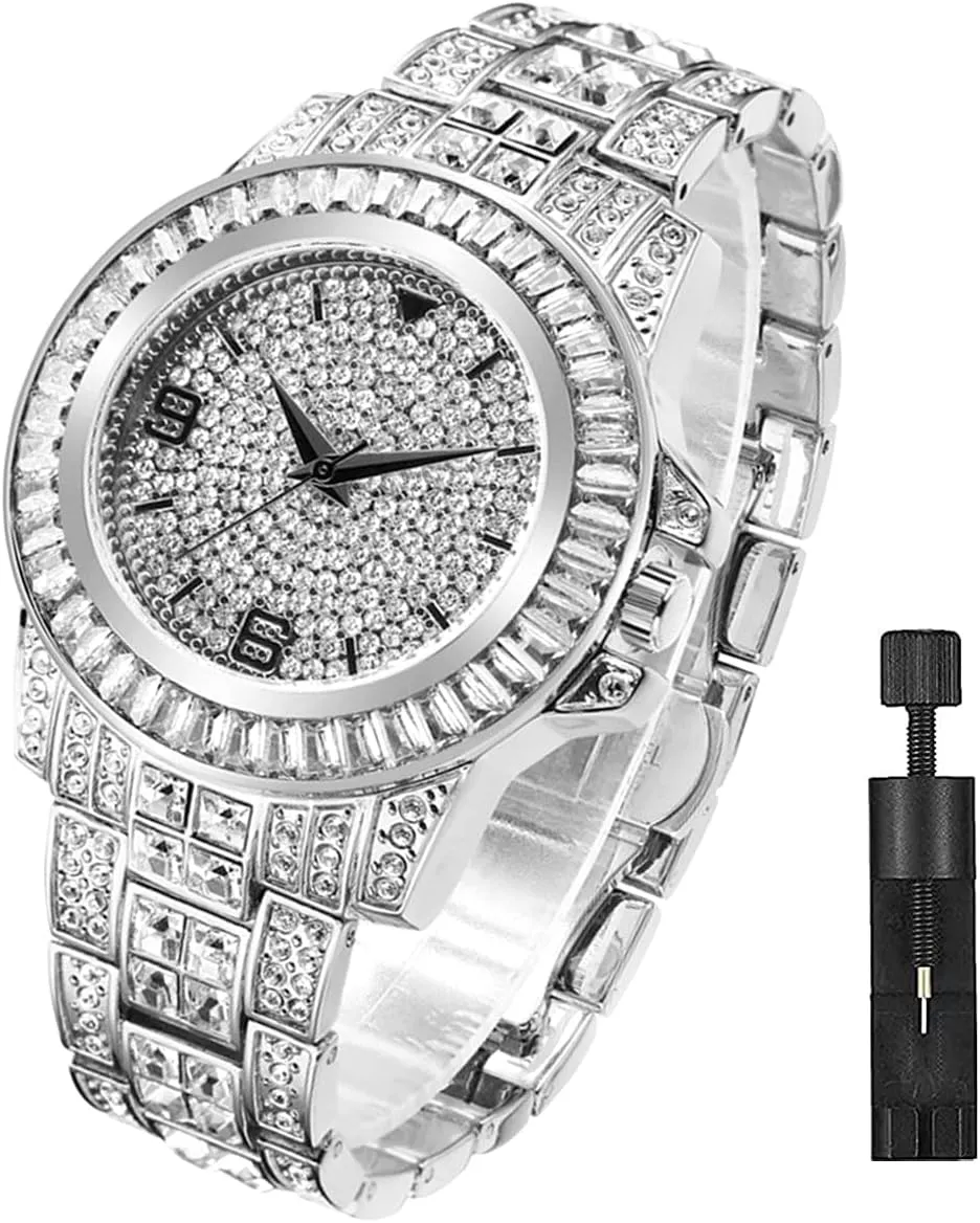 for Men Women Apzzic Hip Hop Unisex Crystal Diamond Watch - Iced Out CZ Bling Quartz Stainless Steel advancement Wrist Watch 