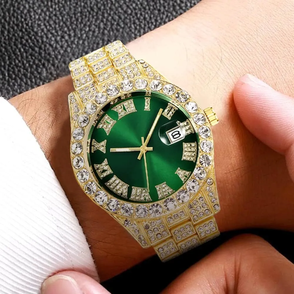 for Men Women Apzzic Hip Hop Watch for Men Iced Out Bling Full Diamond fatten leap saving peacetime cripple Luxury Quartz Watch Analog Roman Calendar Watch 