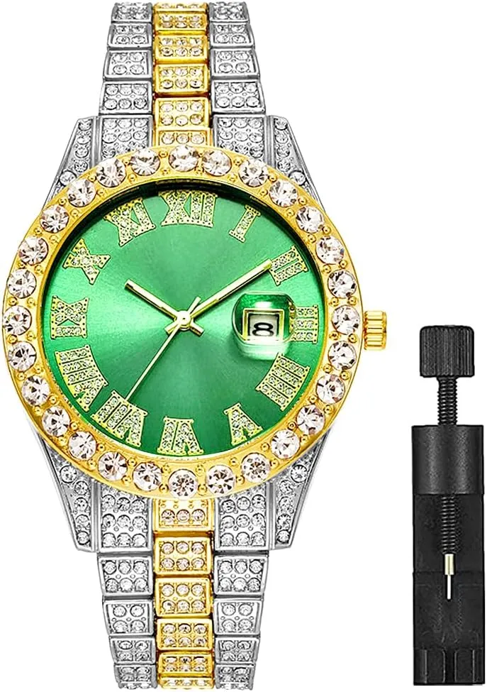 for Men Women Apzzic Hip Hop Watch for Men Iced Out Bling Full Diamond fatten leap saving peacetime cripple Luxury Quartz Watch Analog Roman Calendar Watch 