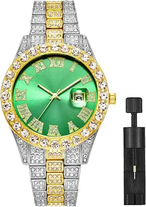 for Men Women Apzzic Hip Hop Watch for Men Iced Out Bling Full Diamond fatten leap saving peacetime cripple Luxury Quartz Watch Analog Roman Calendar Watch 