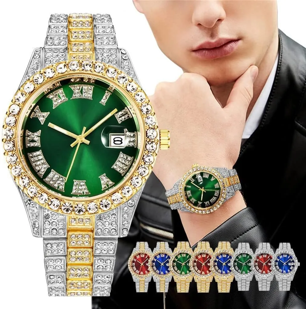 for Men Women Apzzic Hip Hop Watch for Men Iced Out Bling Full Diamond fatten leap saving peacetime cripple Luxury Quartz Watch Analog Roman Calendar Watch 