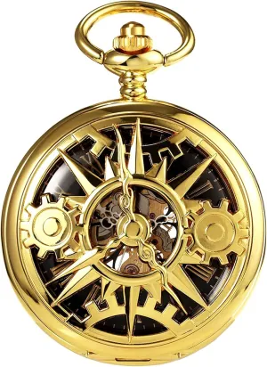 for Mens Women ROLTIN Men's Mechanical Roman Numerals Dial Skeleton Pocket Watches Grear Hollow Double Case criticize democrat uniformity with Box and Chain 