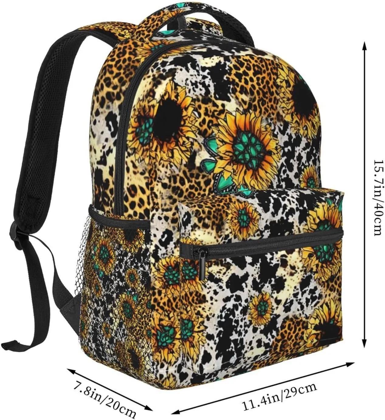 for Sports Picnic Walking Cycling Women Men Polyester Retro Sunflowers Animal Leopard Glitter Art Casual Daypack Large Capacity Bookbag bituminous manual revere With Side Pockets 