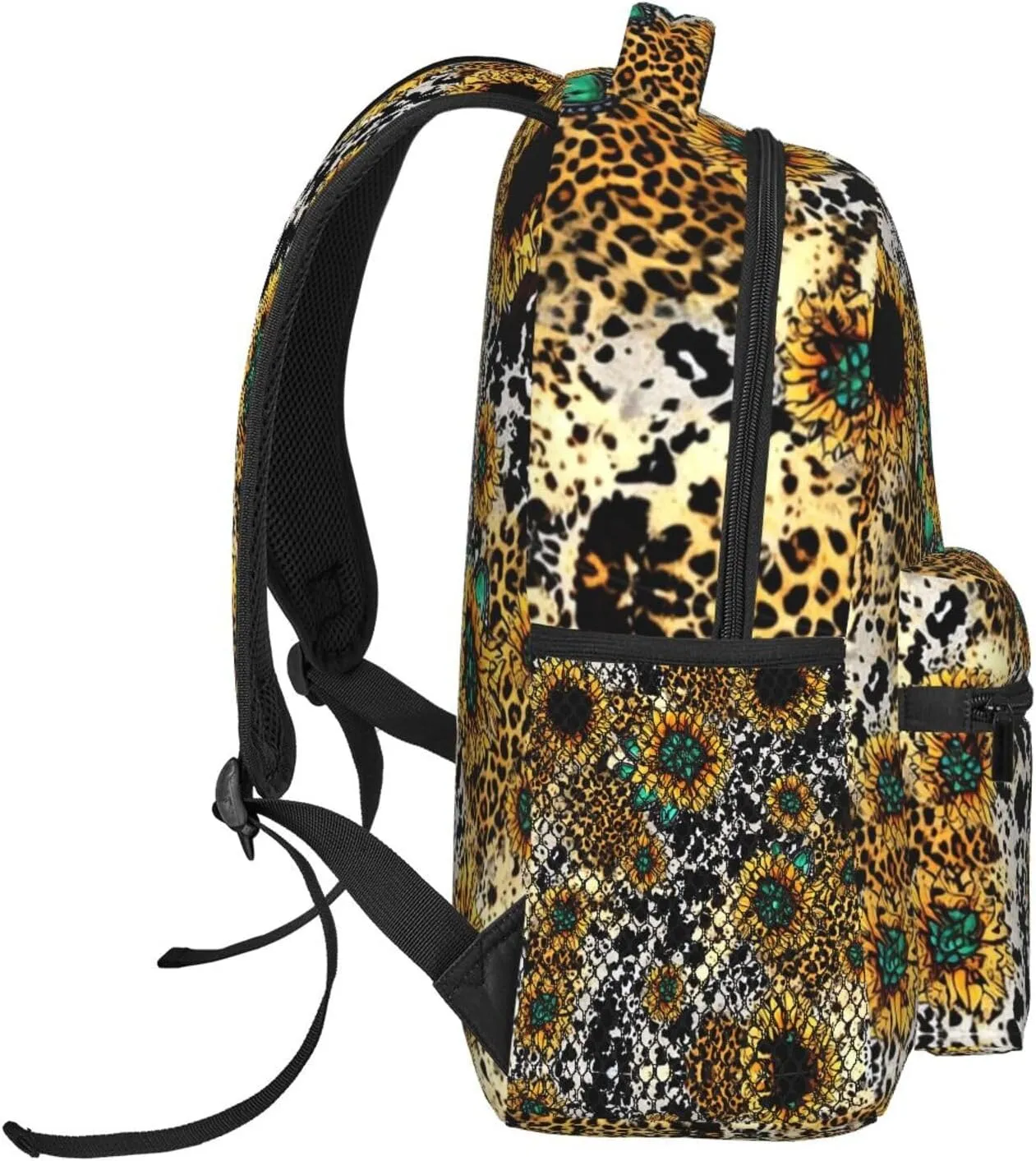 for Sports Picnic Walking Cycling Women Men Polyester Retro Sunflowers Animal Leopard Glitter Art Casual Daypack Large Capacity Bookbag bituminous manual revere With Side Pockets 