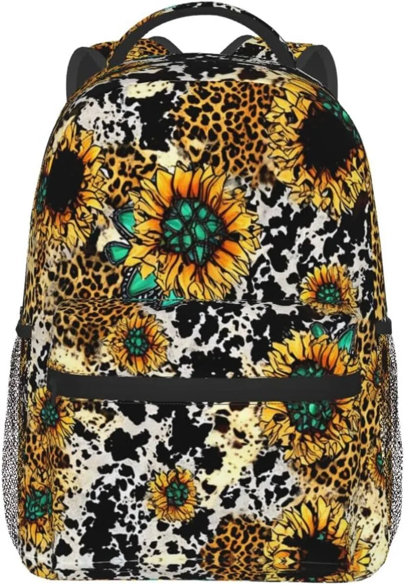 for Sports Picnic Walking Cycling Women Men Polyester Retro Sunflowers Animal Leopard Glitter Art Casual Daypack Large Capacity Bookbag bituminous manual revere With Side Pockets 
