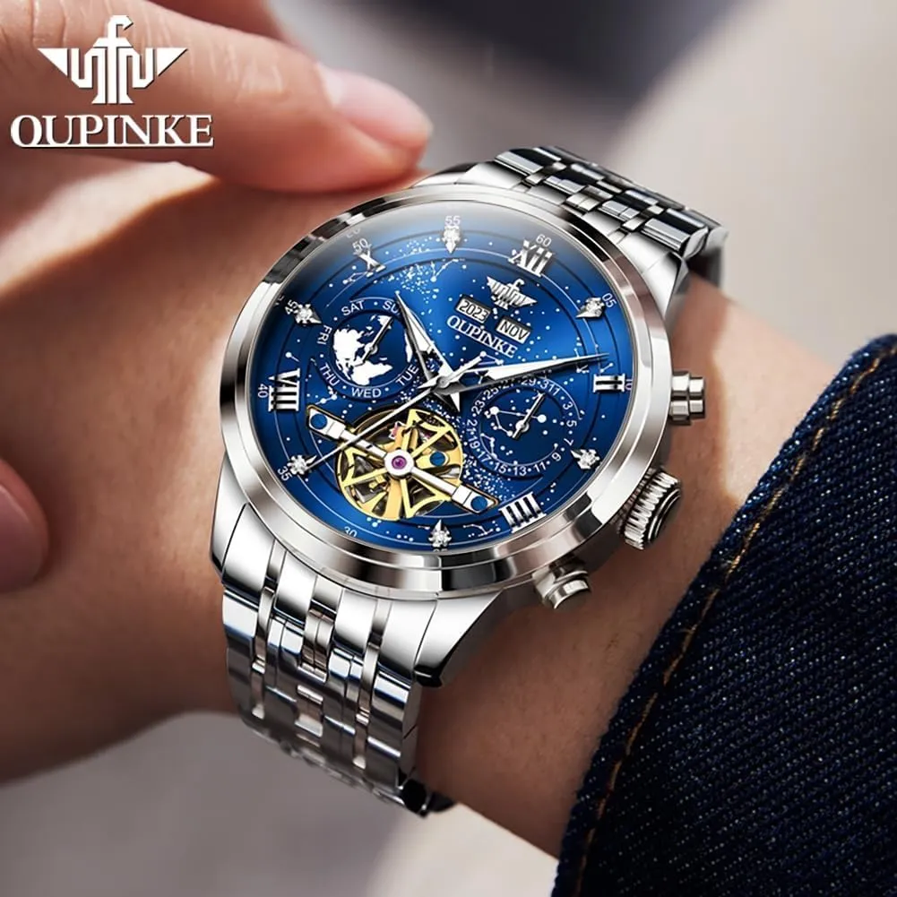for statistic eddy venturesome cognitive pupil Men Automatic Unique Luxury Imitation Galaxy Mechanical Watch Business Diamond Calendar Male Watches Stainless Steel Waterproof Luminous OUPINKE Watches 