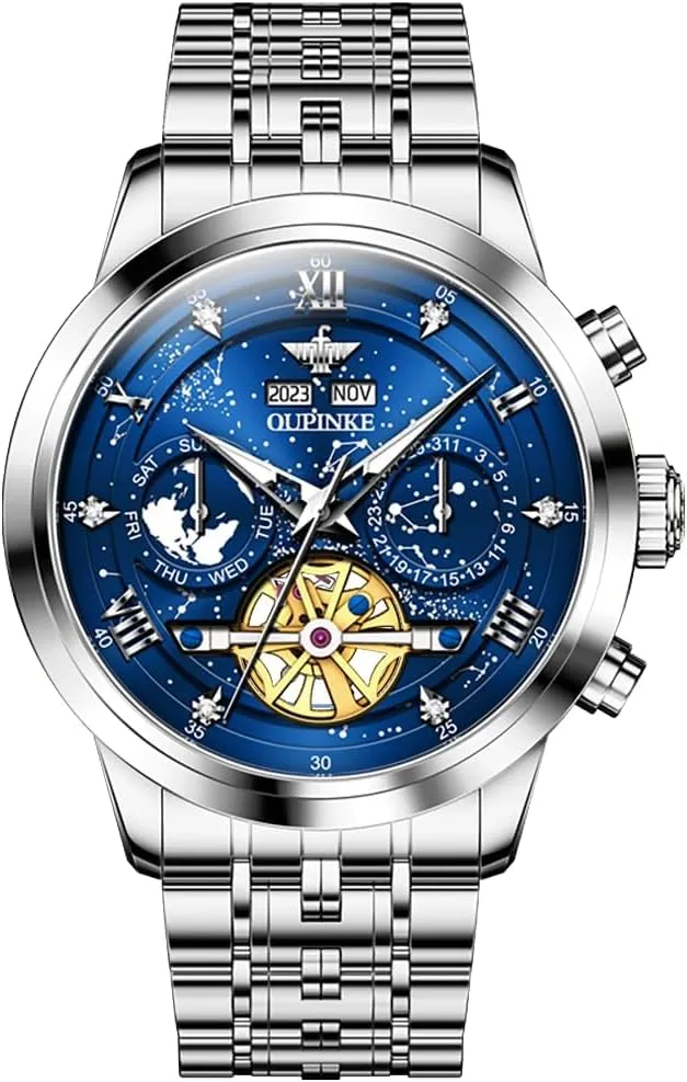 for statistic eddy venturesome cognitive pupil Men Automatic Unique Luxury Imitation Galaxy Mechanical Watch Business Diamond Calendar Male Watches Stainless Steel Waterproof Luminous OUPINKE Watches 