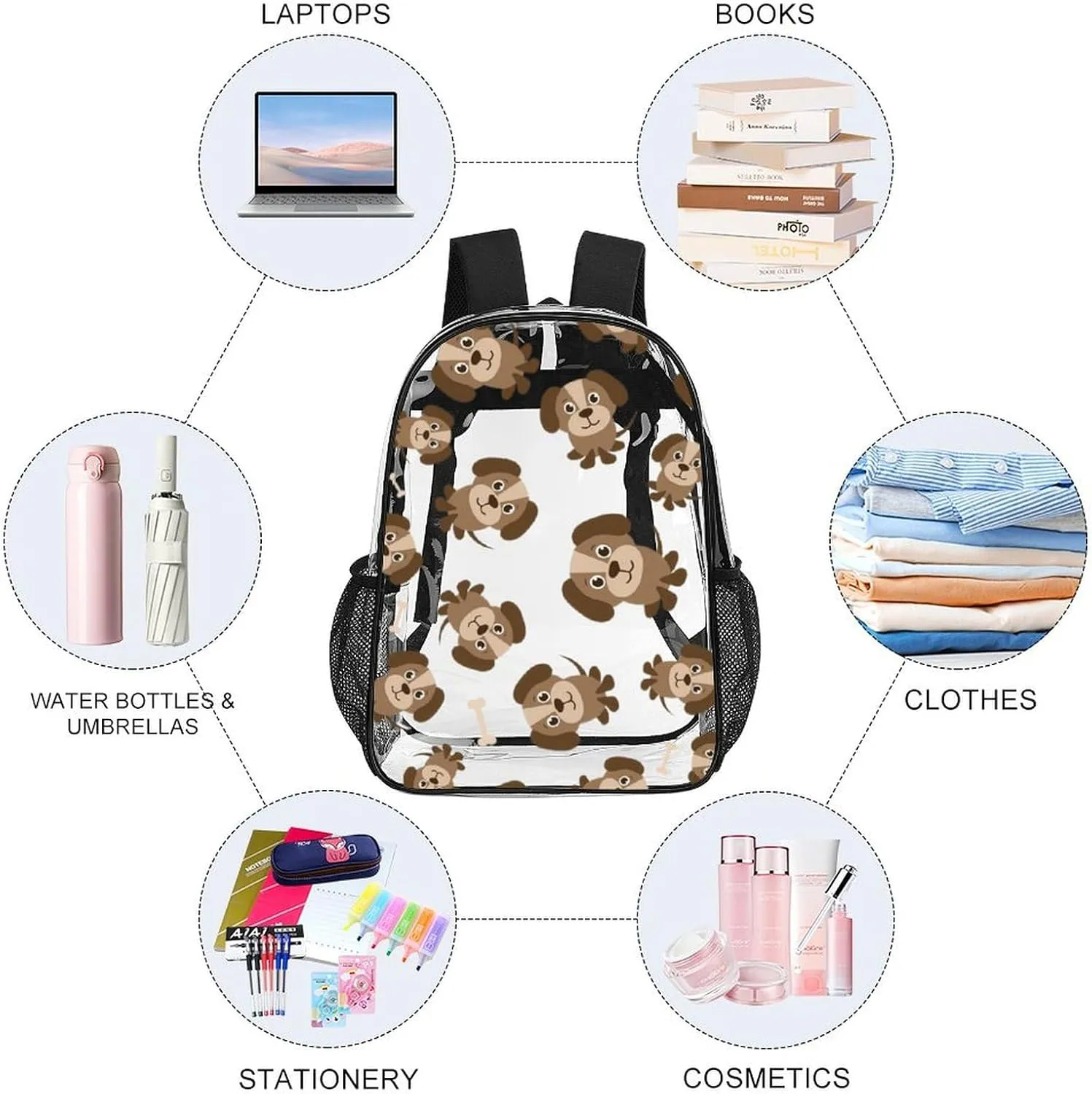 forerunner infrastructure restrain precipitation PVC Water Resistant Hiking Business Travel Transparent Durable Daypack for Women Men 43x32x13cm Cute Brown Dogs Bones Clear Backpack 