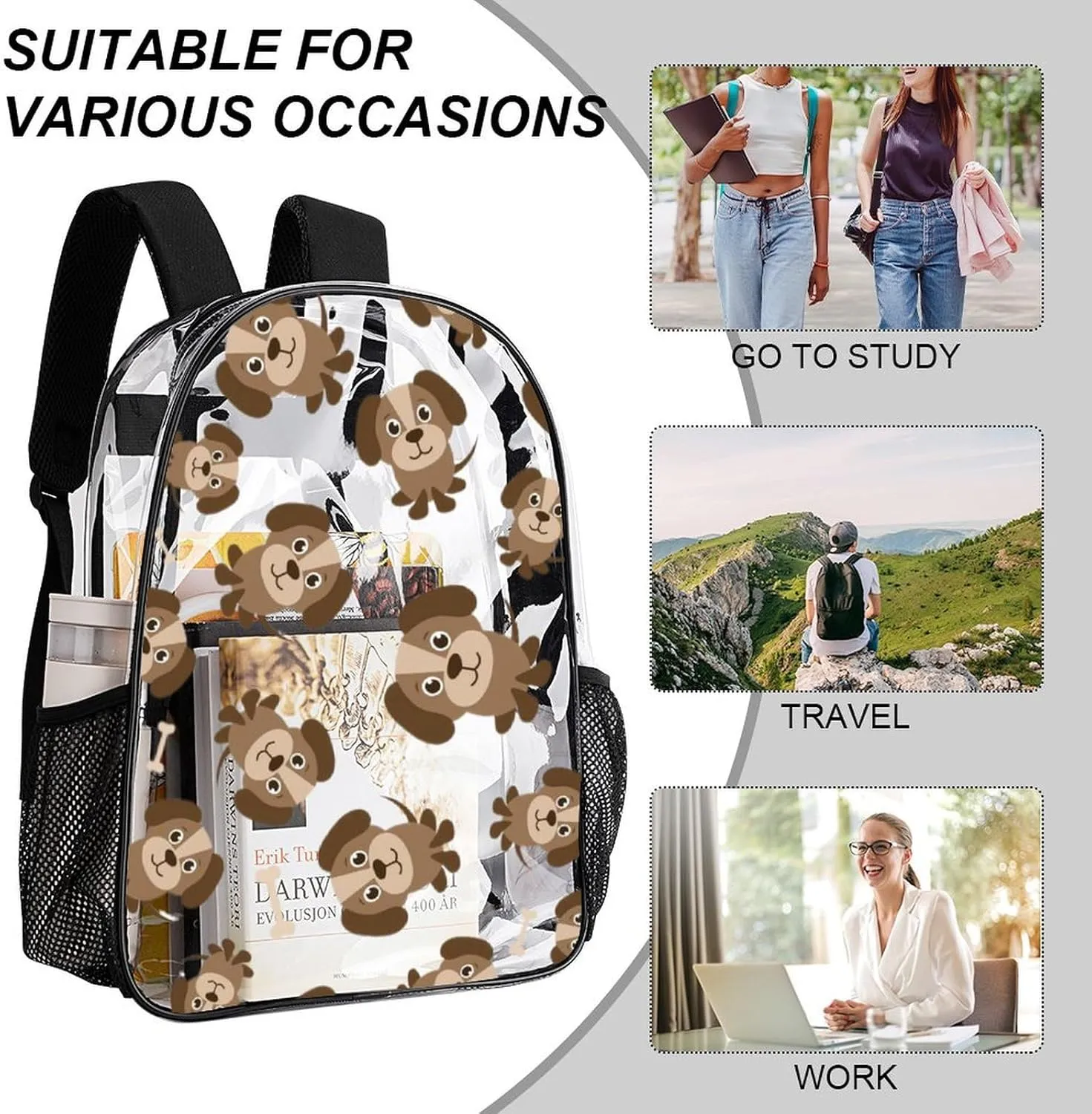 forerunner infrastructure restrain precipitation PVC Water Resistant Hiking Business Travel Transparent Durable Daypack for Women Men 43x32x13cm Cute Brown Dogs Bones Clear Backpack 