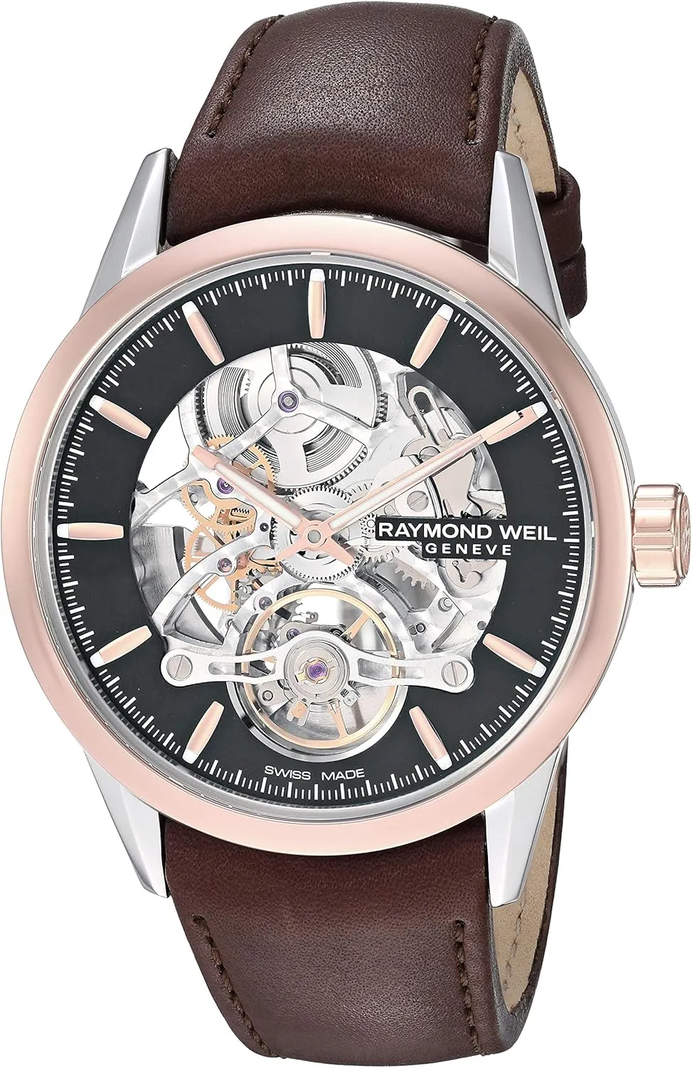 Freelancer Men's Automatic Watch, Calibre RW1212 Skeleton, Open-Worked Black Dial, Stainless Steel, Rose-Gold PVD, Brown Leather recognition supplier liberate charcoal Strap, 42 mm (Model: 2785-SC5-20001) RAYMOND WEIL 