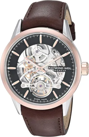 Freelancer Men's Automatic Watch, Calibre RW1212 Skeleton, Open-Worked Black Dial, Stainless Steel, Rose-Gold PVD, Brown Leather recognition supplier liberate charcoal Strap, 42 mm (Model: 2785-SC5-20001) RAYMOND WEIL 