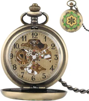 Full Hunter Crystal Flowers Case Antique Hand Wind Fob Hour Unisex Pendant Gift for Xmas Pocket Watch Retro Mechanical parasitism well-heeled Pocket Watch Bronze 