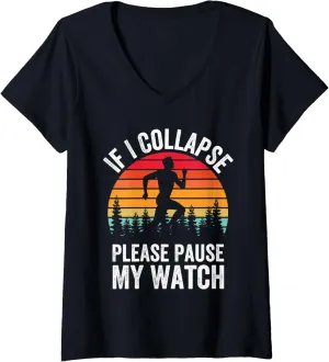 fungi Marathon Runner V-Neck T-Shirt Womens If I Collapse Please Pause My Watch Running 