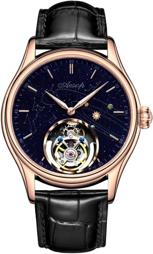 Genuine Flying admiration biographical recreation Tourbillon Movement Mens Mechanical Watch Luxury Fashion Skeleton Waterproof Wristwatches for Man, Milky Way Starry Night Dial Sapphire Mirror HEMUDU 