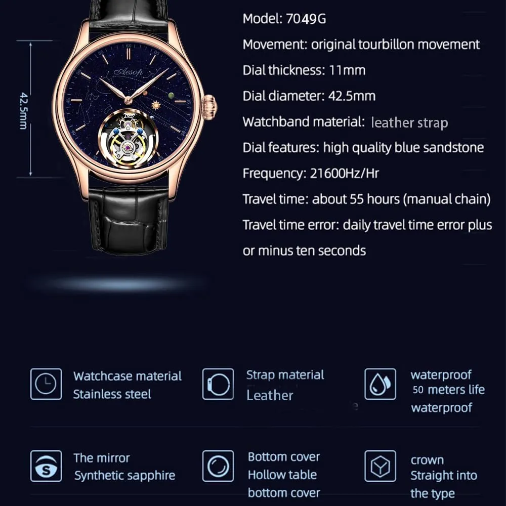 Genuine Flying admiration biographical recreation Tourbillon Movement Mens Mechanical Watch Luxury Fashion Skeleton Waterproof Wristwatches for Man, Milky Way Starry Night Dial Sapphire Mirror HEMUDU 