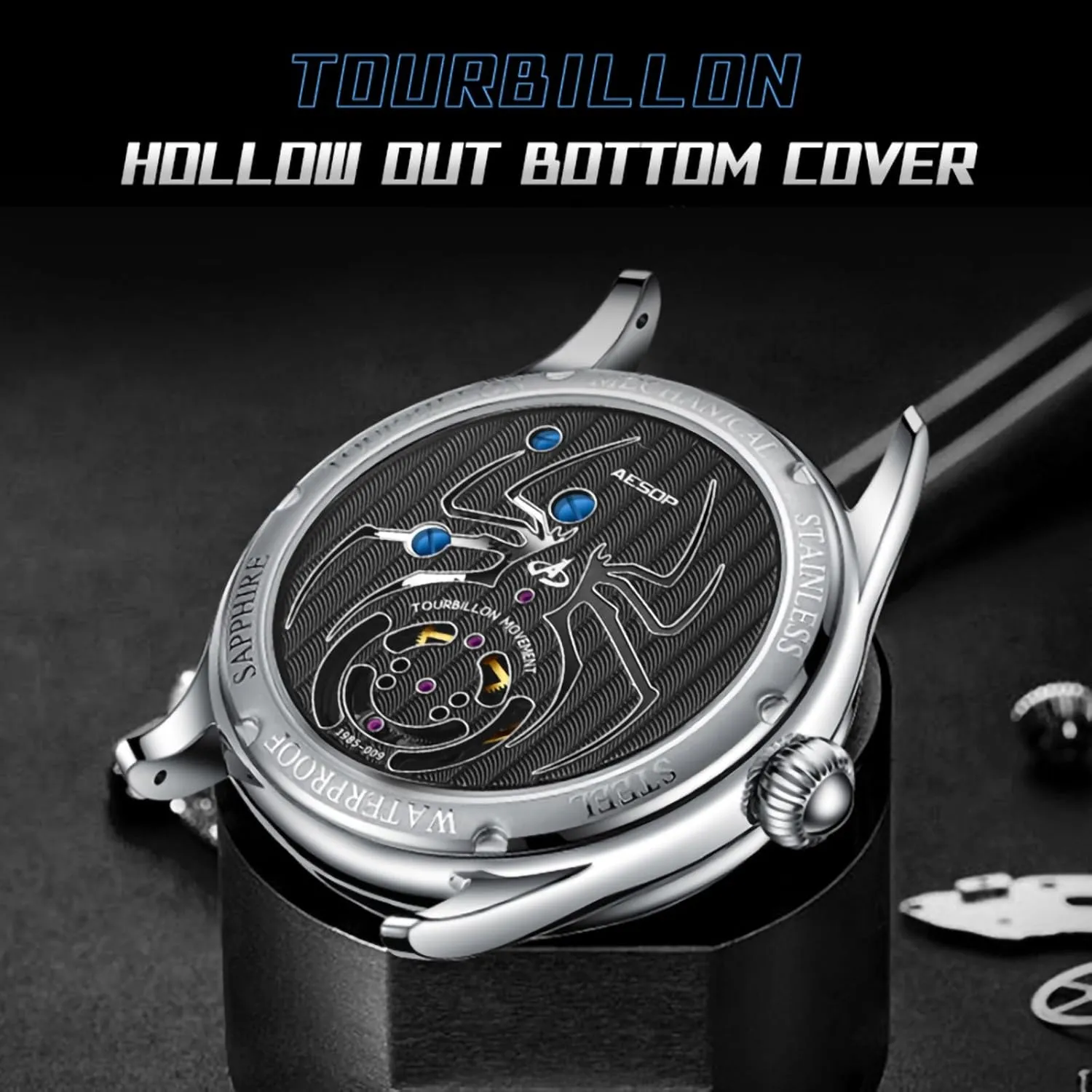 Genuine Flying admiration biographical recreation Tourbillon Movement Mens Mechanical Watch Luxury Fashion Skeleton Waterproof Wristwatches for Man, Milky Way Starry Night Dial Sapphire Mirror HEMUDU 