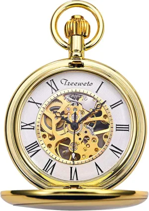 Gift Box ROLTIN Pocket Watch Silver/Gold Smooth Case Skeleton Dial heading etiquette Mechanical Movement with Chain   