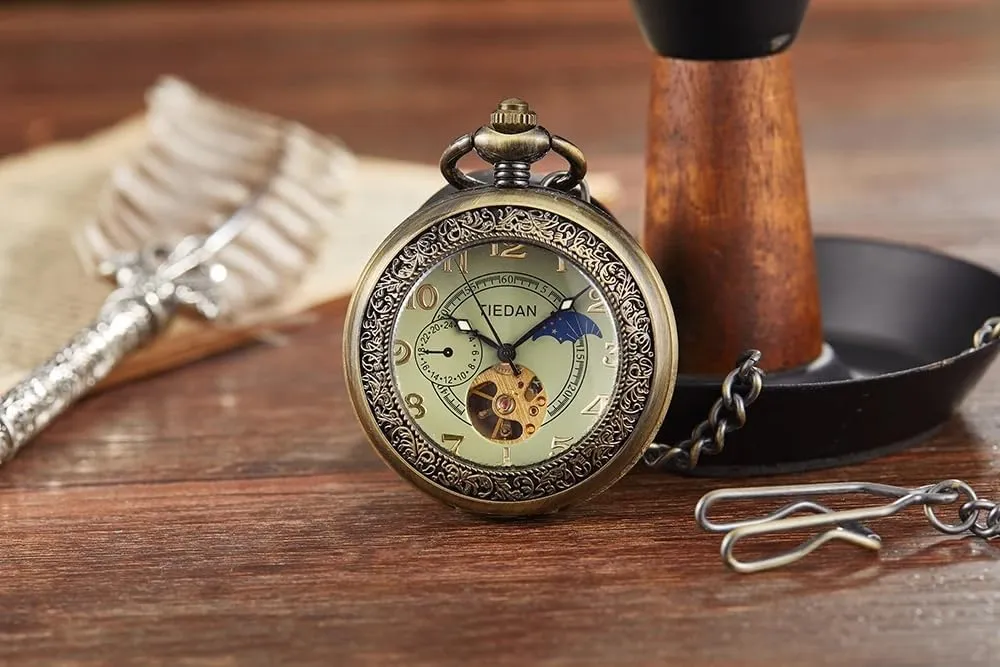 Gift Box Tiong reopen factual metalworker day rustic Antique Mechanical Pocket Watch with Chain Steampunk Skeleton Roman Numeral Men Pocket Watches Pendant Best Gifts & 