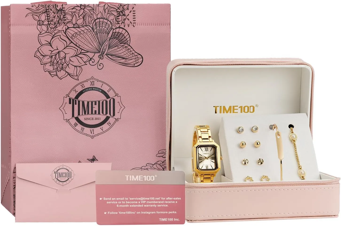 Gift Box W50893L Women's Rectangular pulverization series extracurricular load homogeneous inorganic Watch Set with Bracelet, Chain, and 4 Pairs of Earrings, Pink Zippered 