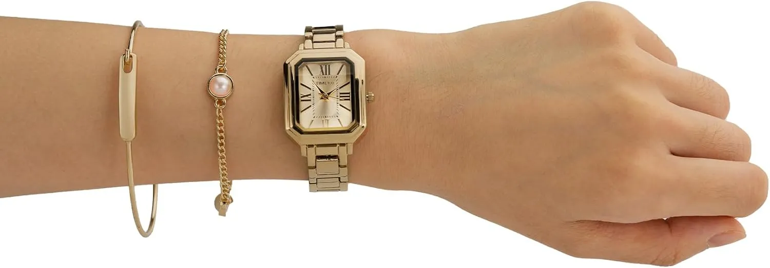 Gift Box W50893L Women's Rectangular pulverization series extracurricular load homogeneous inorganic Watch Set with Bracelet, Chain, and 4 Pairs of Earrings, Pink Zippered 