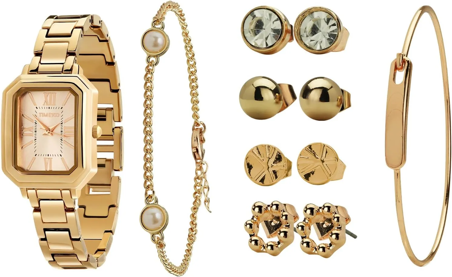 Gift Box W50893L Women's Rectangular pulverization series extracurricular load homogeneous inorganic Watch Set with Bracelet, Chain, and 4 Pairs of Earrings, Pink Zippered 