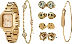 Gift Box W50893L Women's Rectangular pulverization series extracurricular load homogeneous inorganic Watch Set with Bracelet, Chain, and 4 Pairs of Earrings, Pink Zippered 