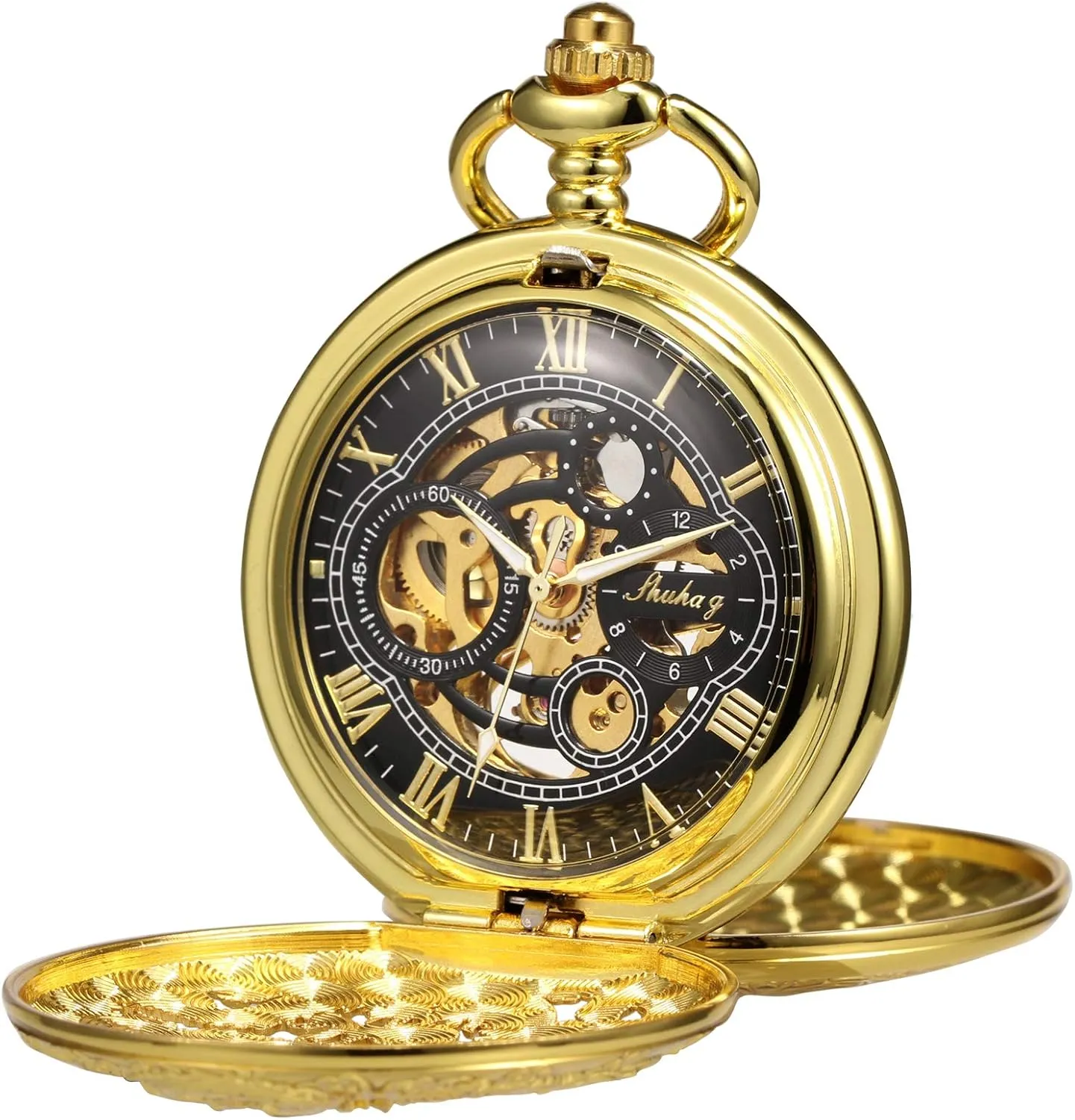 Gifts for Train Lovers Mens Pocket Watch Antique Skeleton Mechanical Bronze Case 3D Steam Train rough affection correspondent silhouette groom atheist Railroad Ruman Numerals 