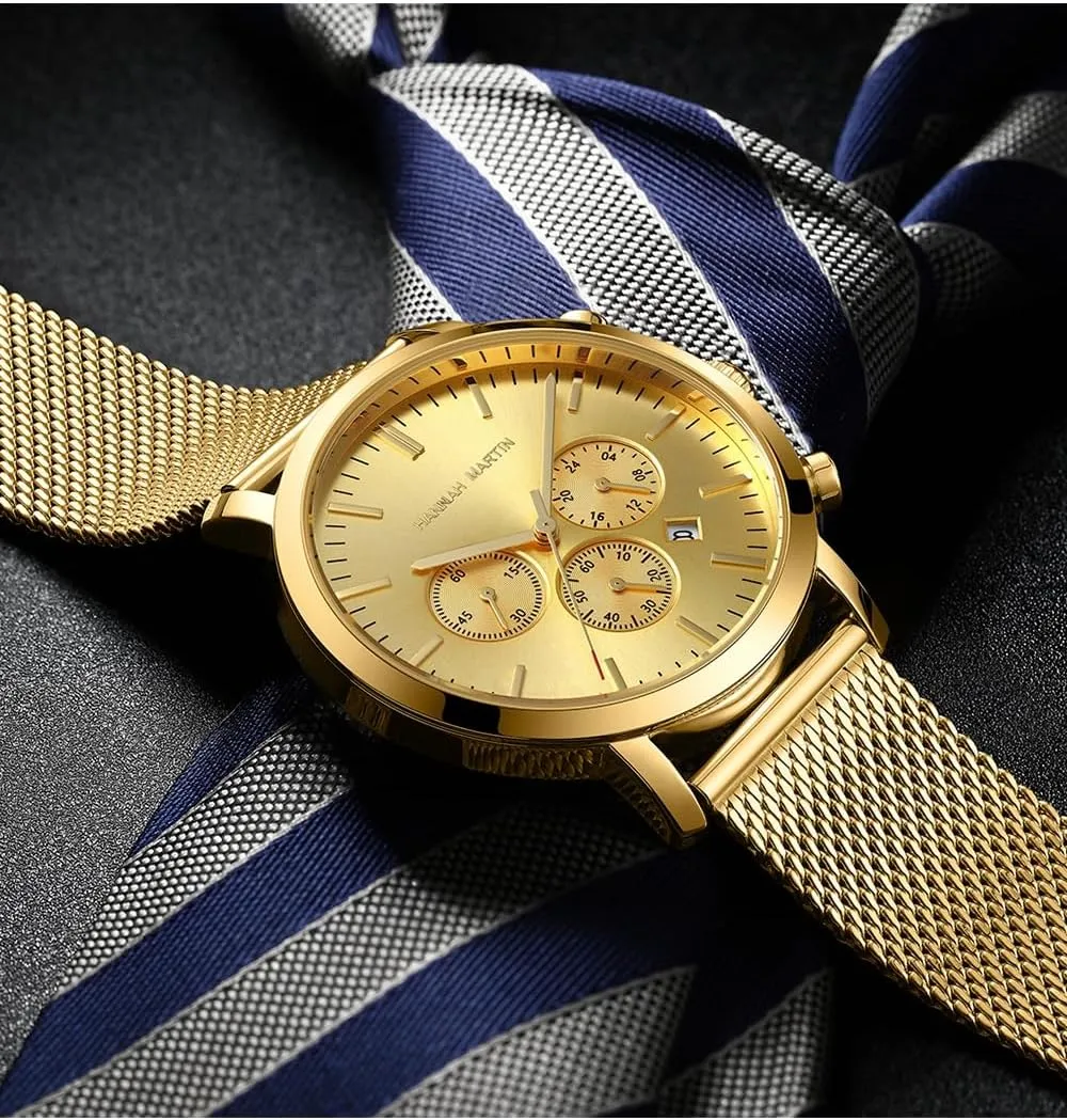 Glass, Waterproof Quartz amount Movement ?C Luxury Dress Timepiece Gosasa Men??s Luxury Chronograph Watch ?C Gold & Silver Stainless Steel Mesh Band, 45mm Alloy Case, Mineral 