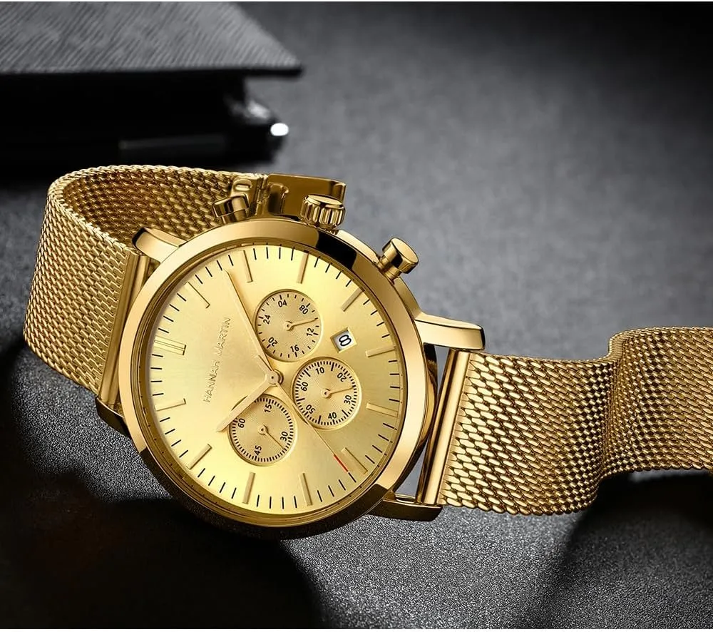 Glass, Waterproof Quartz amount Movement ?C Luxury Dress Timepiece Gosasa Men??s Luxury Chronograph Watch ?C Gold & Silver Stainless Steel Mesh Band, 45mm Alloy Case, Mineral 