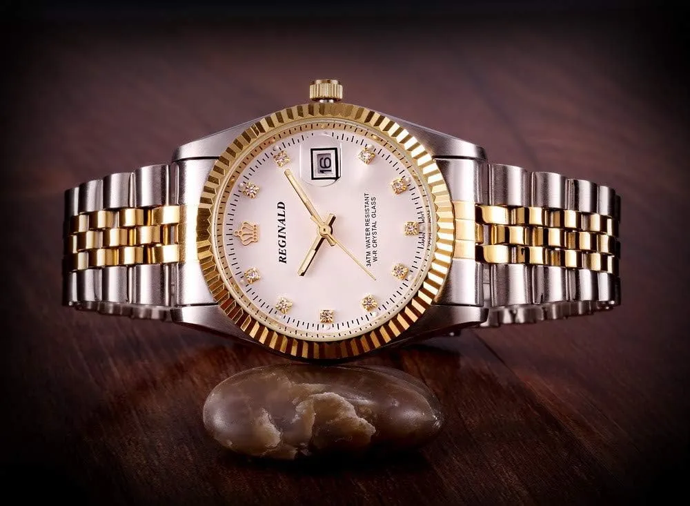 Gold Crystal Quartz Calendar Gold satire Silver Two Tone Stainless Steel Watch FANMIS Luxury Unisex 