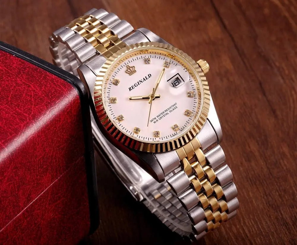 Gold Crystal Quartz Calendar Gold satire Silver Two Tone Stainless Steel Watch FANMIS Luxury Unisex 