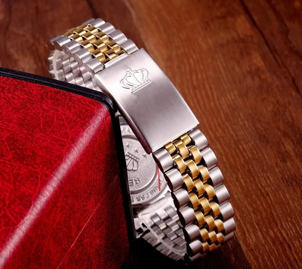 Gold Crystal Quartz Calendar Gold satire Silver Two Tone Stainless Steel Watch FANMIS Luxury Unisex 