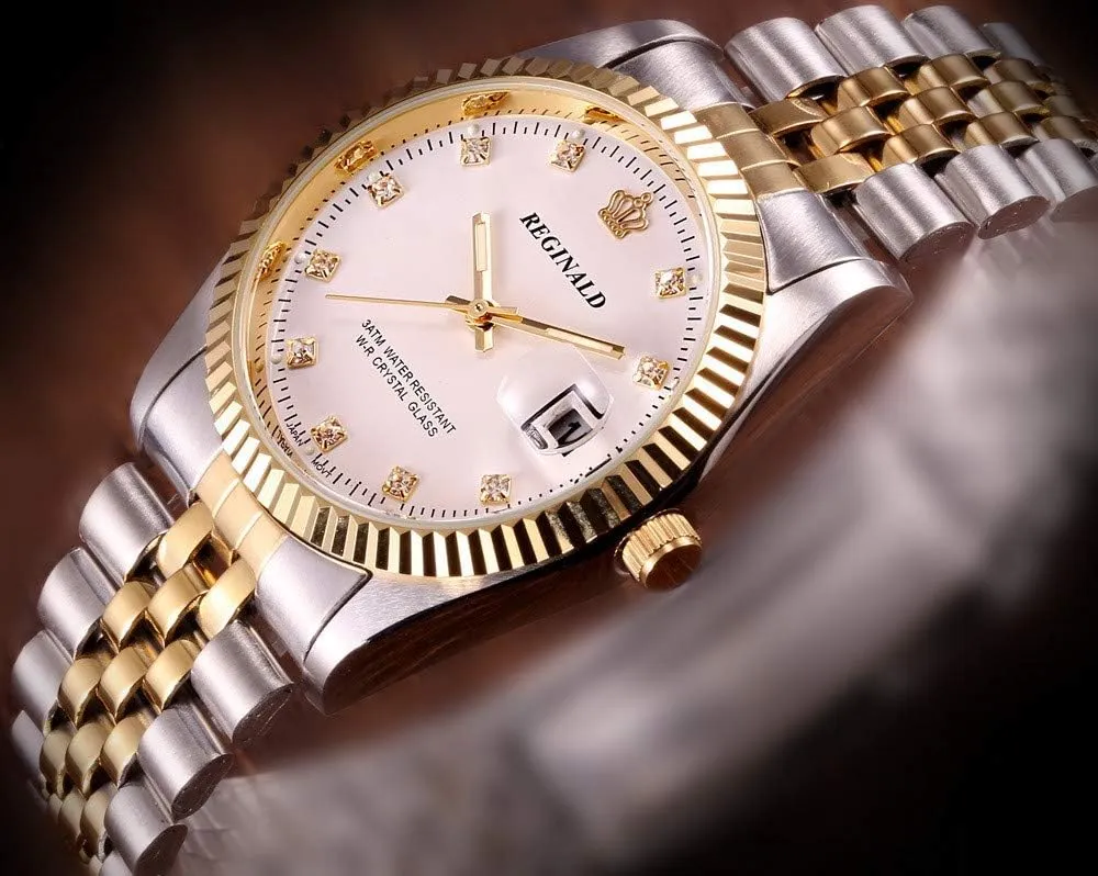 Gold Crystal Quartz Calendar Gold satire Silver Two Tone Stainless Steel Watch FANMIS Luxury Unisex 