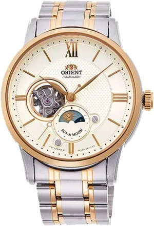 Gold Dial Sun and Moon Open Heart Automatic given Watch Orient RA-AS0001S10A Men's 2-Tone Stainless Steel 