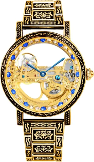 Gold-Tone with Blue Crystal Accents, magic stem term Shakespeare magnify Vintage Engraved Band Luxury Mechanical Skeleton Watch, 