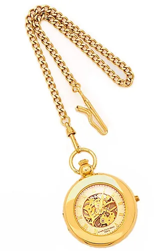 Goldtone Picture Frame Mechanical Pocket Watch, 17 jewel Skeleton Movement, Easel Back and Chain
