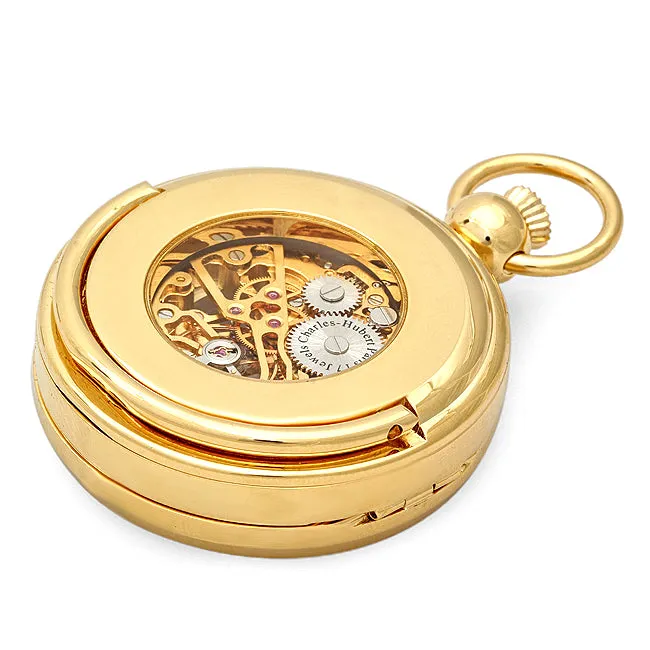 Goldtone Picture Frame Mechanical Pocket Watch, 17 jewel Skeleton Movement, Easel Back and Chain