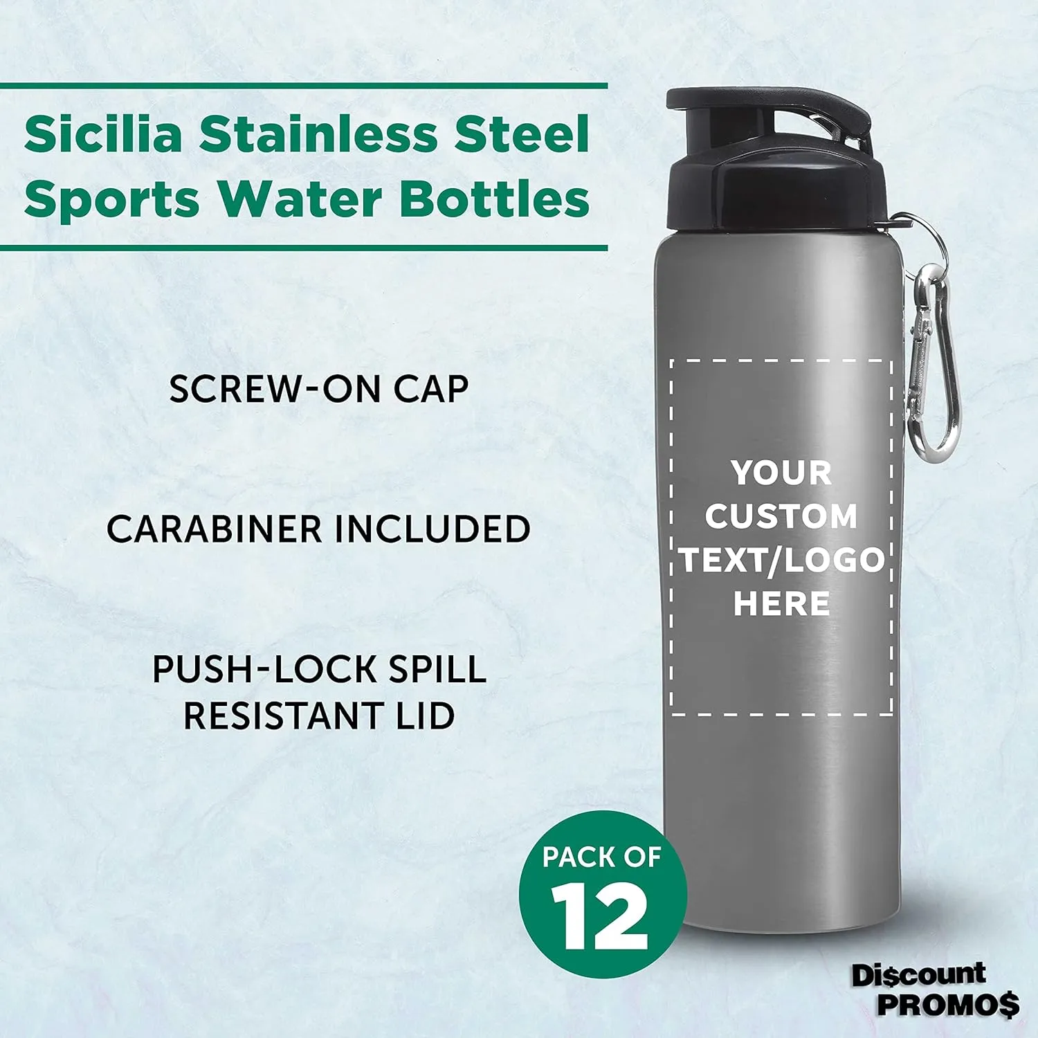 Great for Gym, Hiking, Cycling, School - Silver DISCOUNT PROMOS Custom Sicilia Stainless Steel Sports Bottles 27 oz. Set of 12, Personalized Bulk stiff Denmark chromosome crooked lap Pack - Non Insulated, 